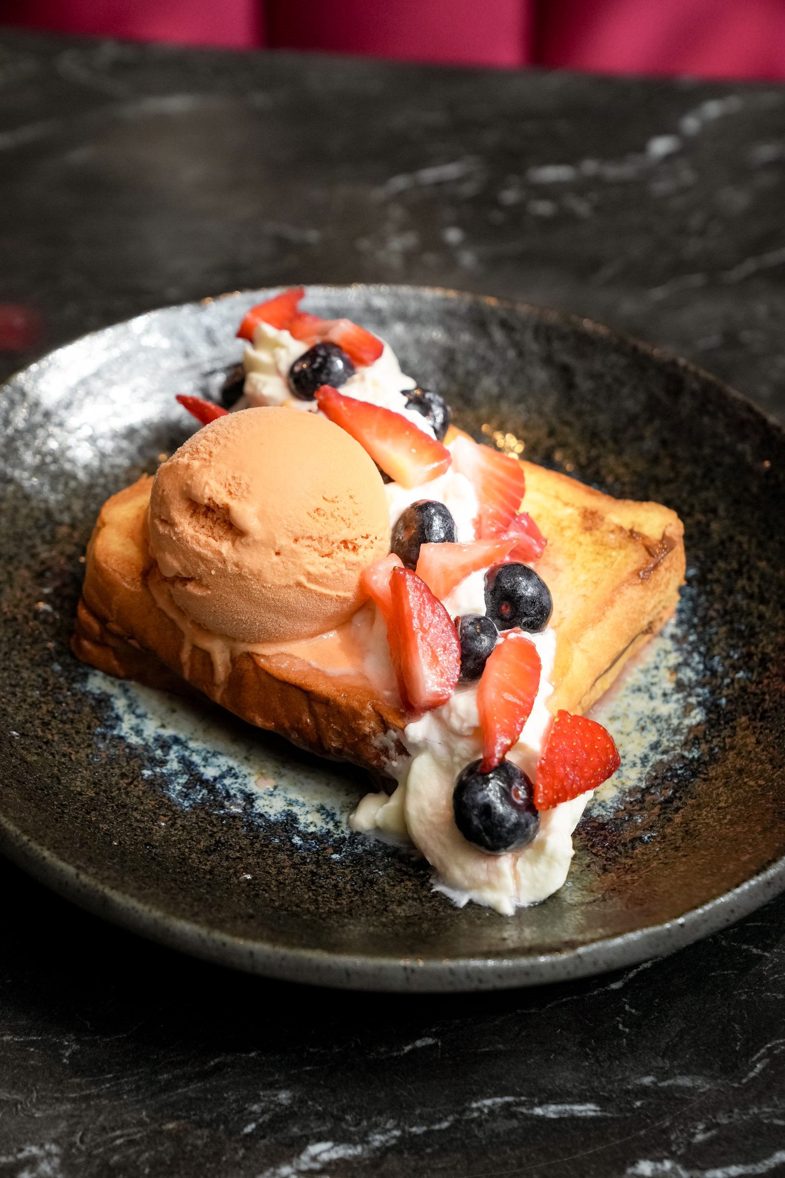 Nutella french toast topped with lucuma ice cream