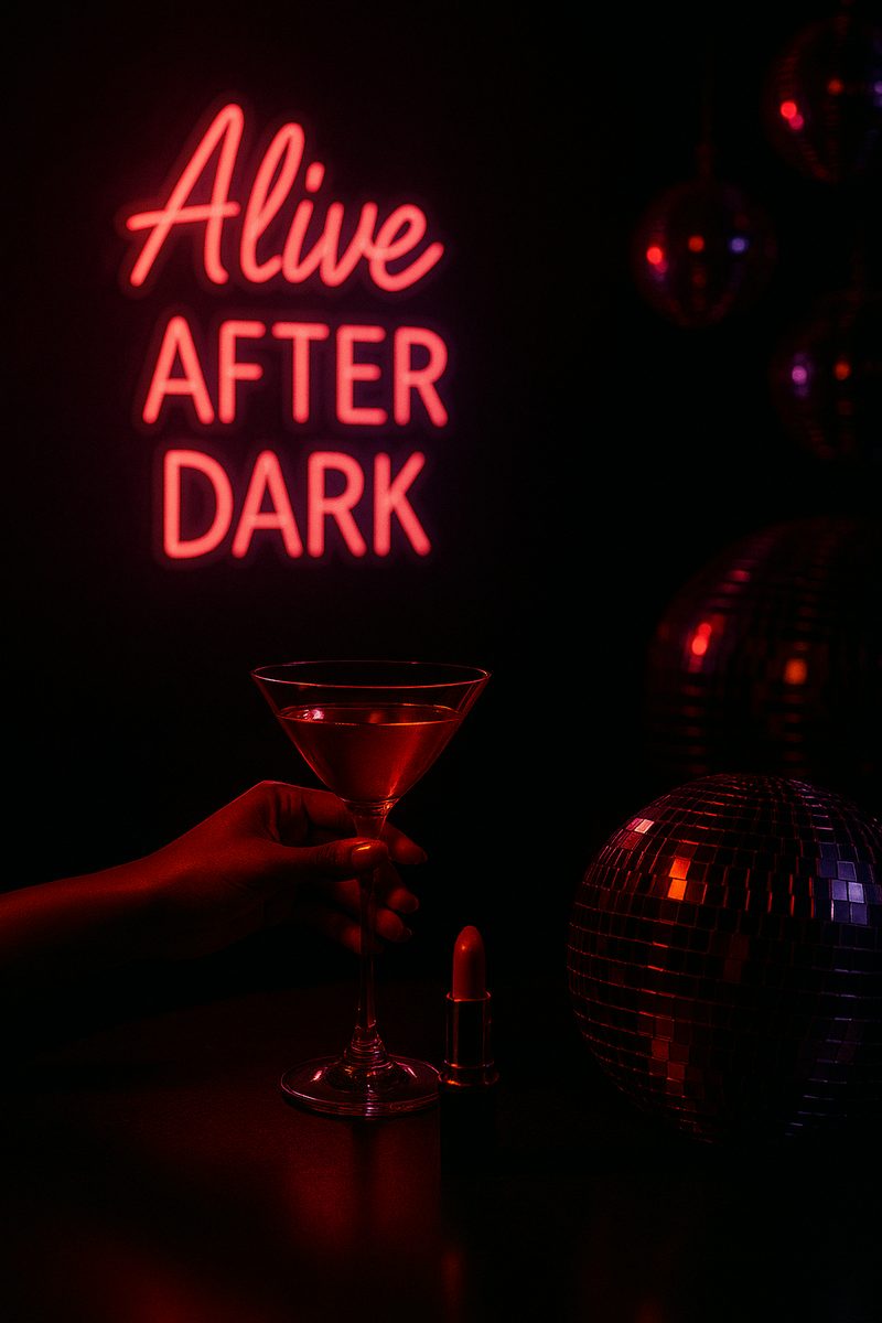 Neon sign reading Alive After Dark beside a cocktail