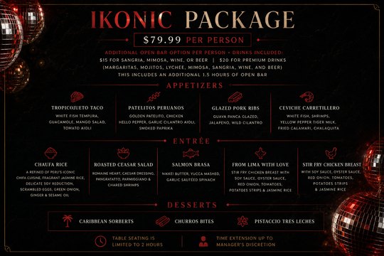 The IKONIC package menu card, $79.99 per person. Full text below.