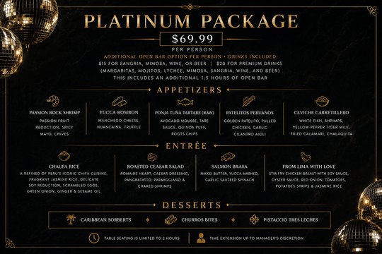 The Platinum package menu card, $69.99 per person. Full text below.